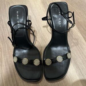 Nine West Black Leather Ankle-Strap Sandals with Gold Discs